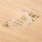 オレンジスタイリッシュ色のフローラ結婚式の日付を保存 アクリル招待状 (レイダウン)