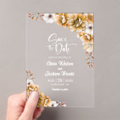 オレンジスタイリッシュ色のフローラ結婚式の日付を保存 アクリル招待状 (インサイチュ (ポータブル))