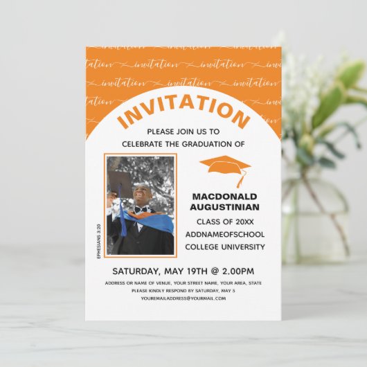 オレンジスタイリッシュ色の大学院写真 招待状 (スタンド正面)