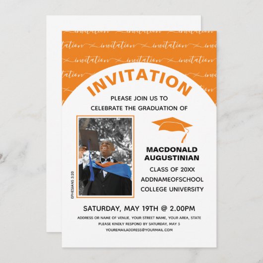 オレンジスタイリッシュ色の大学院写真 招待状 (正面/裏面)