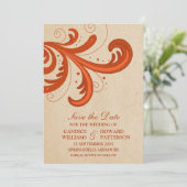 オレンジスタイリッシュ色の渦巻き形の保存招待状 セーブザデート (スタンド正面)
