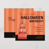 オレンジストライプのこうもりケーキハロウィーン誕生日 招待状 (正面/裏面)