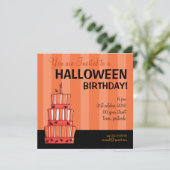 オレンジストライプのこうもりケーキハロウィーン誕生日 招待状 (スタンド正面)