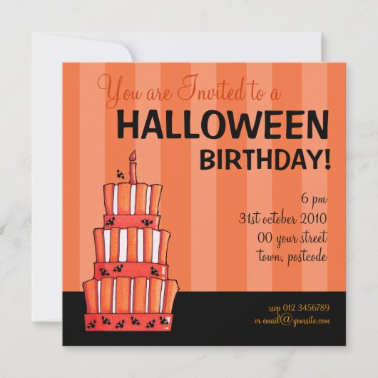 オレンジストライプのこうもりケーキハロウィーン誕生日 招待状 (正面)