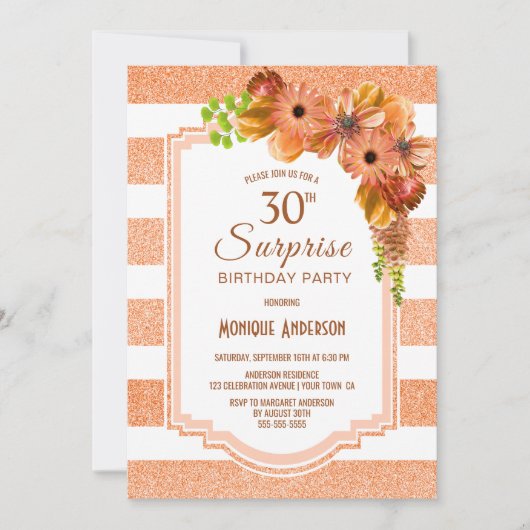 オレンジストライプのフローラサプライズ30歳の誕生日 招待状 (正面)