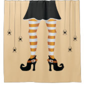 オレンジストライプの色の魔女の脚とクモのハロウィーン シャワーカーテン (正面)