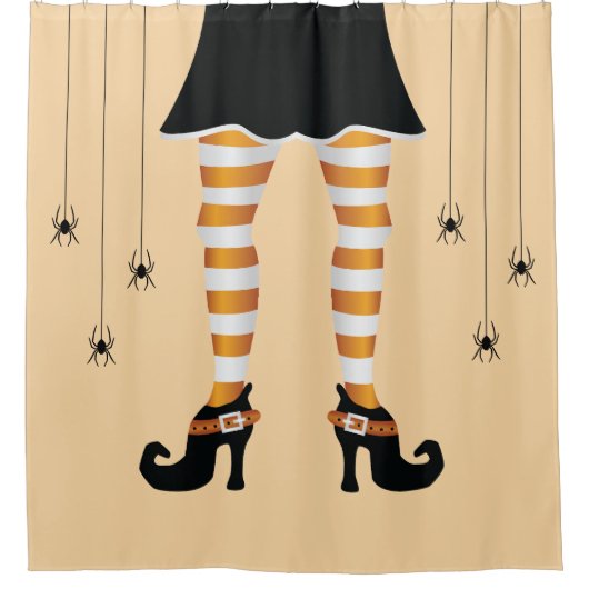 オレンジストライプの色の魔女の脚とクモのハロウィーン シャワーカーテン (正面)
