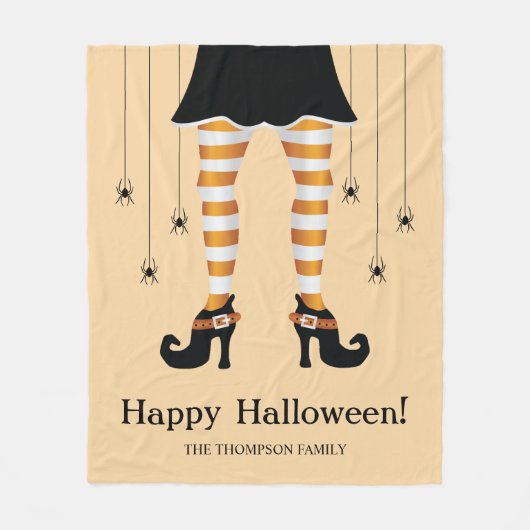 オレンジストライプの色の魔女の脚とクモのハロウィーン フリースブランケット (正面)