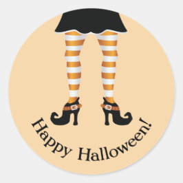オレンジストライプの魔女の足 ハッピーハロウィン テキスト ラウンドシール