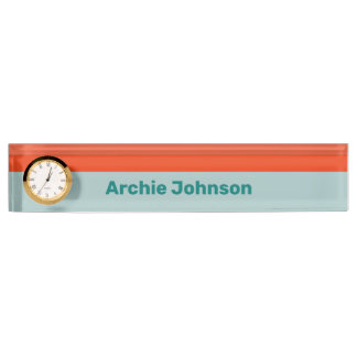 オレンジストライプ色の机用ネームプレートと時計 デスクネームプレート