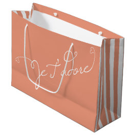 オレンジストライプ色の白いフランスののJe T adore I Adore You ラージペーパーバッグ