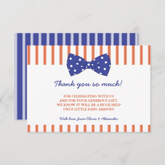 オレンジストライプ&ブルーボウ|ベビーシャワーありがとう サンキューカード (正面/裏面)