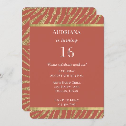 オレンジスパイス金ゴールドグリッターゼブラアニマル誕生日 招待状 (正面/裏面)