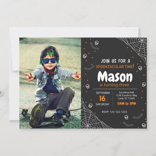 オレンジスパイダーハロウィーン誕生日招待状(写真付き) 招待状 (正面)