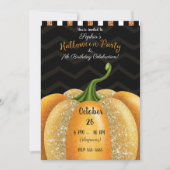 オレンジスパークルパンプキンハロウィン誕生日パーティー 招待状 (正面)