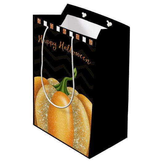 オレンジスパークルパンプキンハロウィーン誕生日パーティー ミディアムペーパーバッグ (裏面アングル)