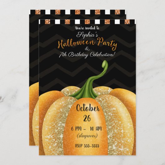 オレンジスパークルパンプキンハロウィーン誕生日パーティー 招待状 (正面/裏面)