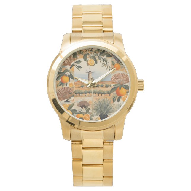 オレンジスペインの、ファンと風車、風景芸術 腕時計 (正面)