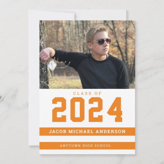 オレンジスポーティストライプ写真卒業パーティー 招待状 (正面)