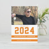 オレンジスポーティストライプ写真卒業パーティー 招待状 (スタンド正面)