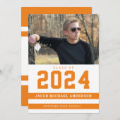 オレンジスポーティストライプ写真卒業パーティー 招待状 (正面/裏面)