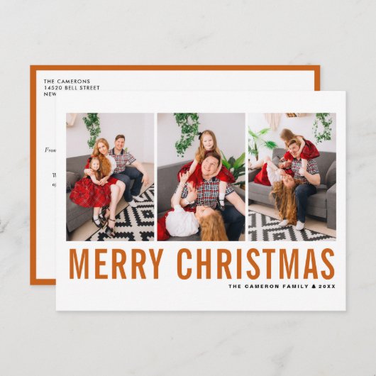 オレンジタイポグラフィメリークリスマスフォトコラージュ シーズンポストカード (正面/裏面)