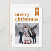 オレンジタイポグラフィ雪片メリークリスマスフォト シーズンポストカード (正面/裏面)