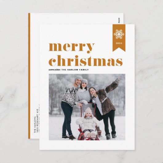 オレンジタイポグラフィ雪片メリークリスマスフォト シーズンポストカード (正面/裏面)