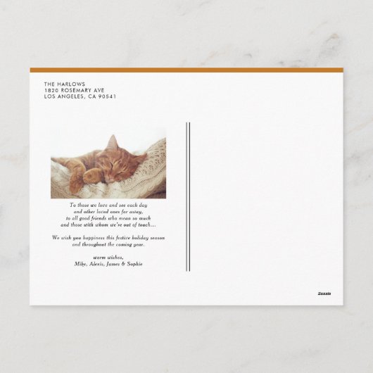 オレンジタイポグラフィ雪片メリークリスマスフォト シーズンポストカード (裏面)