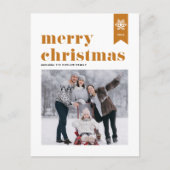 オレンジタイポグラフィ雪片メリークリスマスフォト シーズンポストカード (正面)