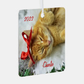 オレンジタビーパーソナライズされたキャットクリスマス メタルオーナメント (正面右)