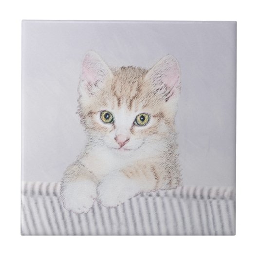 オレンジタビー子猫の絵 - オリジナルキャットアート タイル (正面)