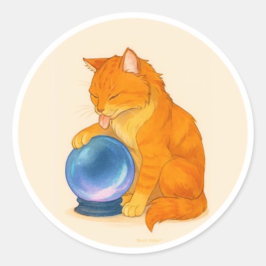 オレンジタビー猫と青い水晶玉 ラウンドシール (正面)