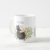 オレンジタビー猫と黒猫の花柄カスタムデザイン コーヒーマグカップ (正面左)