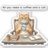 オレンジタビー猫のコーヒー角型ステッカー シール (正面)