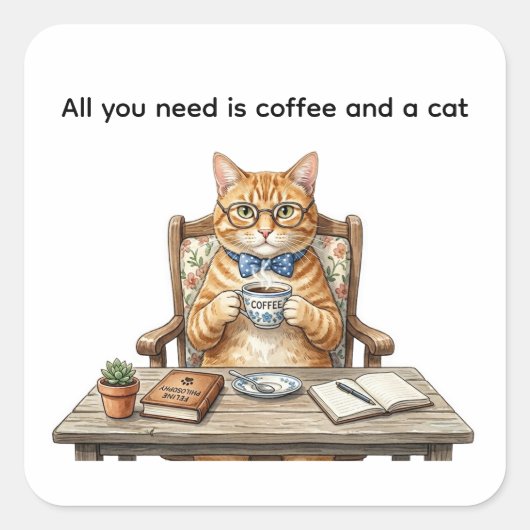 オレンジタビー猫のコーヒー スクエアステッカー スクエアシール (正面)