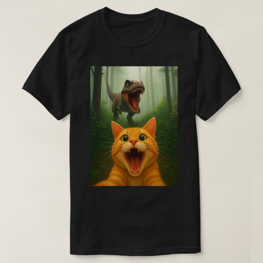 オレンジタビー猫の恐竜の自撮りおもしろい- Cat Tシャツ (デザイン正面)