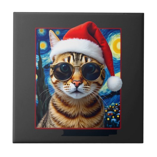 オレンジタビー猫の星空の夜のクリスマス タイル (正面)