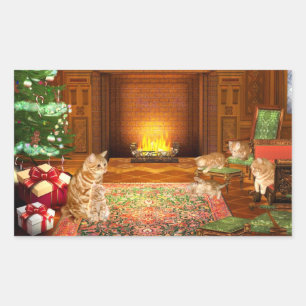 オレンジタビー猫クリスマスファミリー 長方形シール