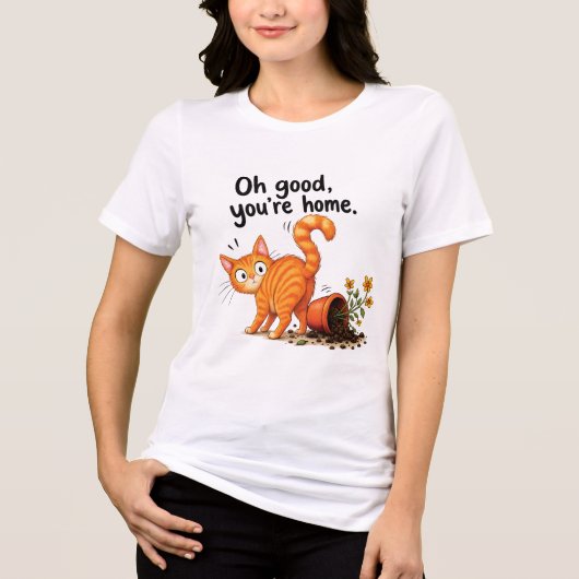 オレンジタビー猫 おもしろ猫の植木鉢の災害 トライブレンドＴシャツ (正面)