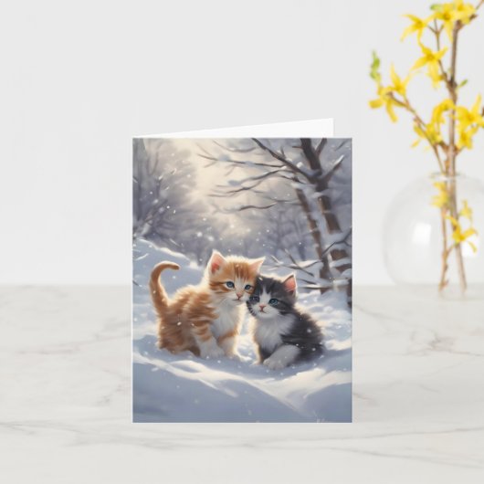 オレンジタビー グレーとホワイトの猫 ブランク グリーティング カード (黄色い花)