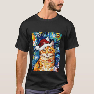 オレンジタブビーキャットサンタスターリーナイトクリスマスアート Tシャツ