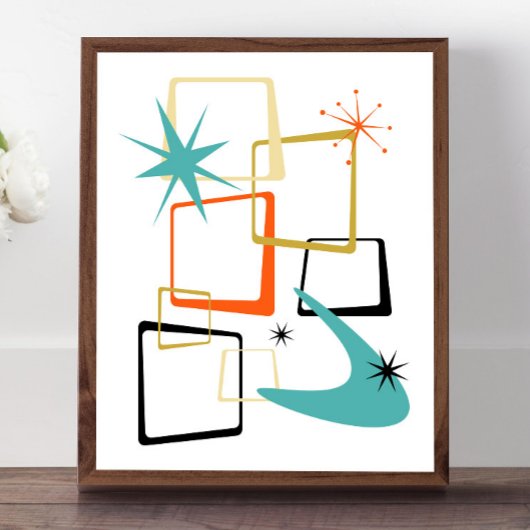 オレンジターコイズアトミックスターズブーメランミッドセンチュリー ポスター