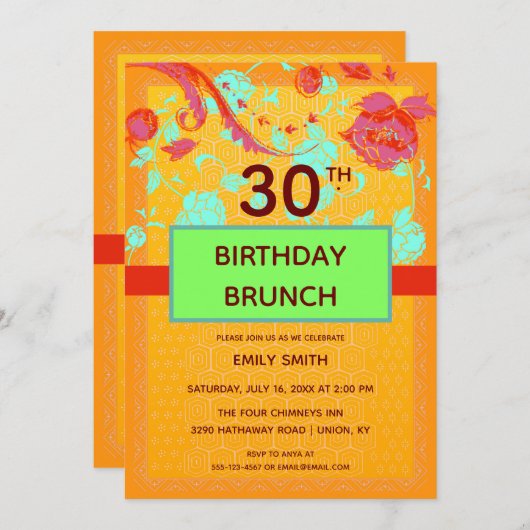 オレンジターコイズトレンディーピオニー誕生日ブランチ 招待状 (正面/裏面)