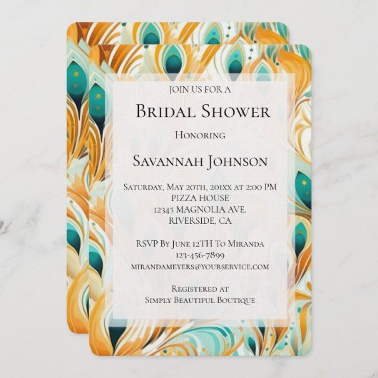 オレンジターコイズピーコックフェザーブライダルシャワー 招待状 (正面/裏面)