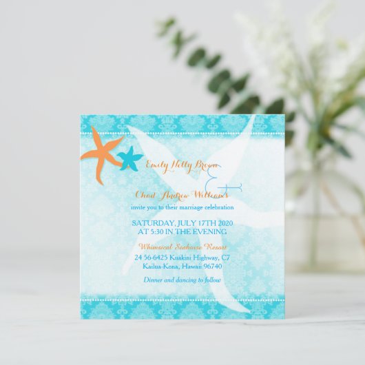 オレンジターコイズブルースターフィッシュペアビーチ結婚式 招待状 (スタンド正面)