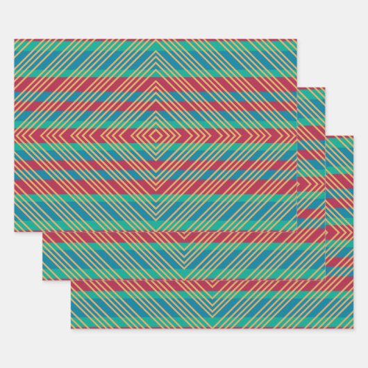 オレンジダイヤモンドブルーレッドターコイズパターン ラッピングペーパーシート (セット)