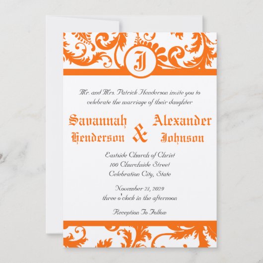 オレンジダマスクモノグラム結婚式招待状 招待状 (正面)