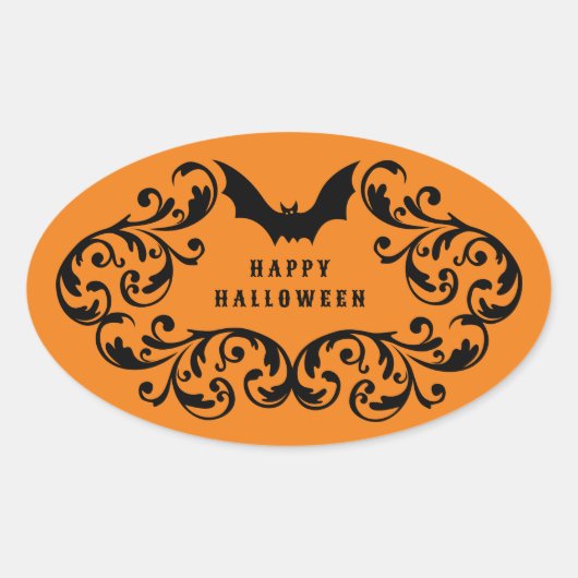 オレンジダマスグラムこうもりとスパイダーハッピーハローウィン 楕円形シール (正面)