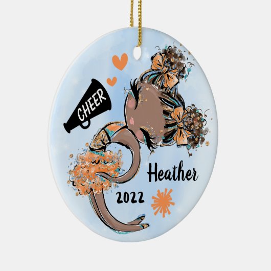 オレンジチアリーダーガールオーナメントダークスキン&ヘア セラミックオーナメント (右)